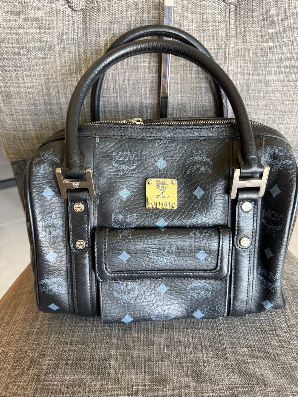 MCM Black Visetos Satchel  Monogram